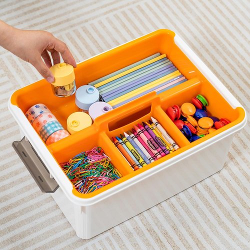 Citylife 17 QT Orange Plastic Storage Bin - Stackable Latching Box with Removable Tray for Organizing Tools and Crafts