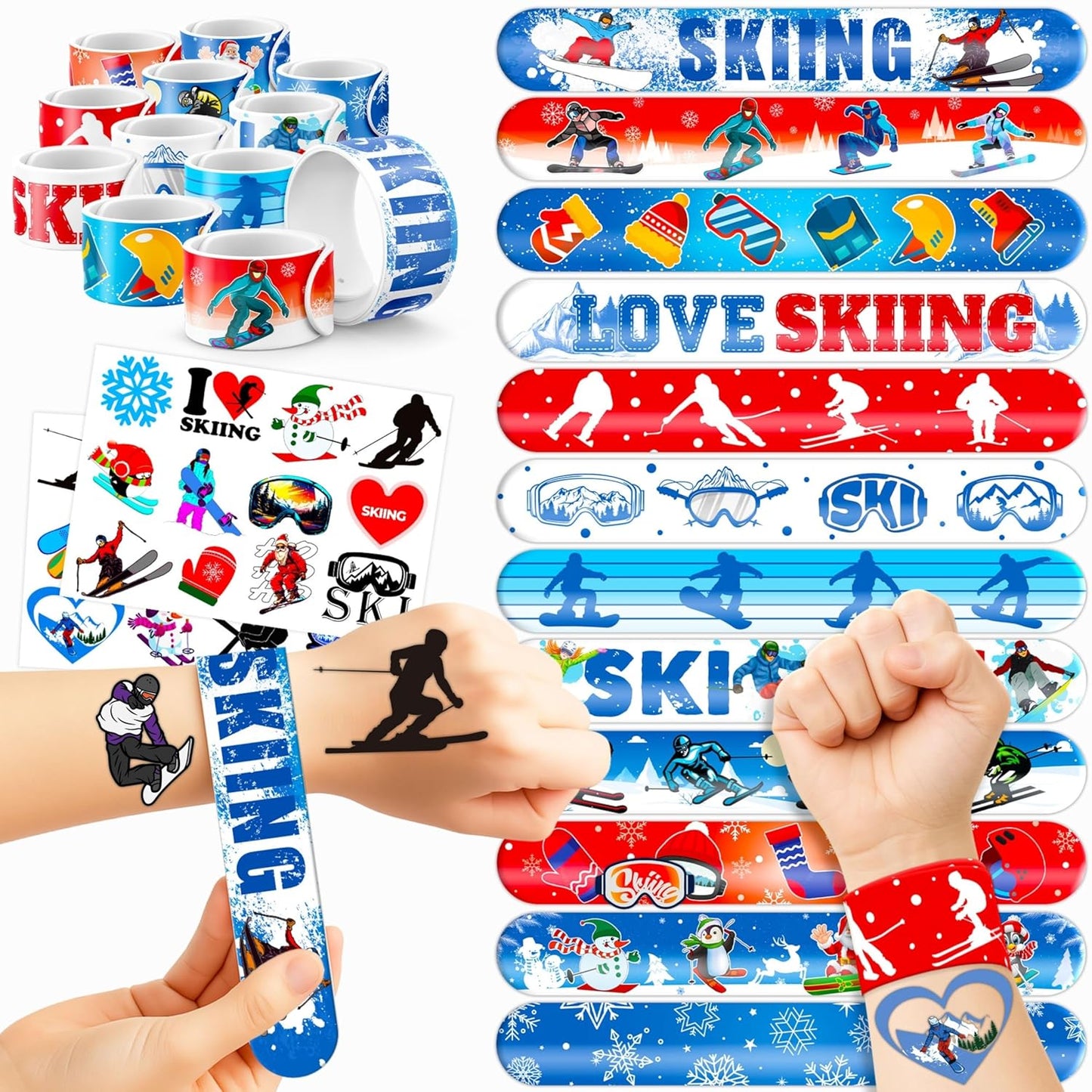 Skiennix Skiing Party Set - 48PCS Fun Winter Sports Supplies | 24 Temporary Tattoos & 24 Slap Bracelets for Kids