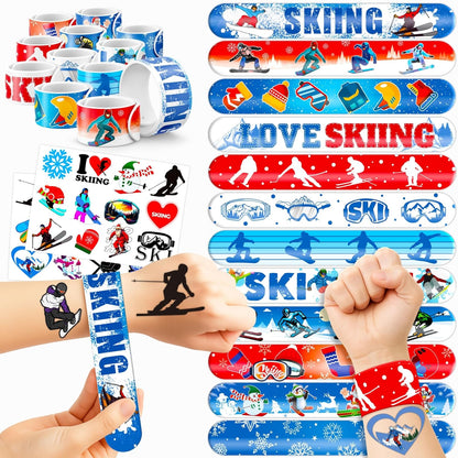 Skiennix Skiing Party Set - 48PCS Fun Winter Sports Supplies | 24 Temporary Tattoos & 24 Slap Bracelets for Kids