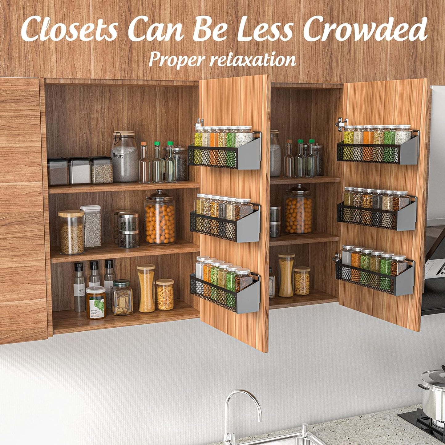 Moforoco Spice Rack - Over Door Pantry Organizer for Cabinet | Black Wall-Mount Storage Shelf