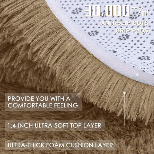 OLANLY Taupe Round Rugs for Bedroom - Machine Washable, 5 ft Circle Area Rugs for Living Room, Soft and Fluffy Shaggy Carpet for Teen Girl and Boys, Nursery Rooms, Dorms, Home Decor Aesthetic