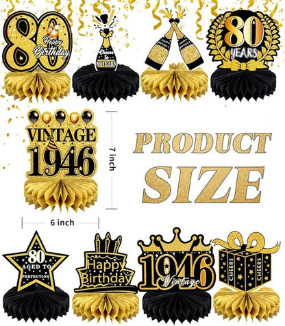 Happy 80th Birthday Decorations | 9 Pcs Honeycomb Centerpieces in Black and Gold - Celebrate 80 Years!