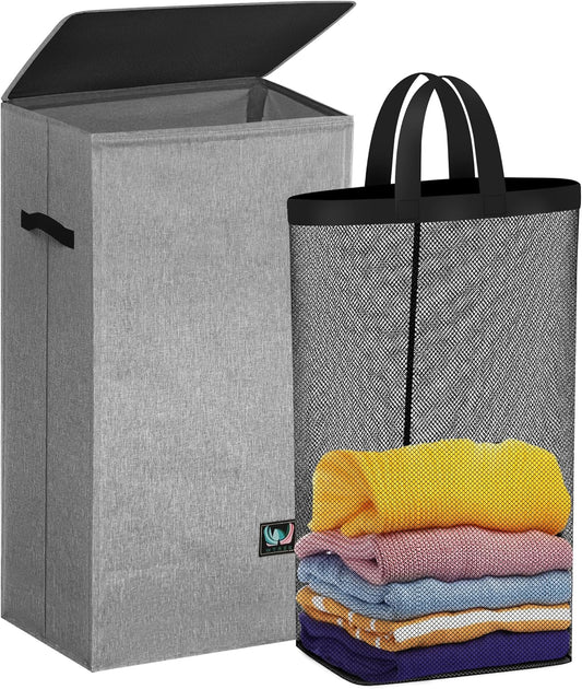 WTREE Laundry Hamper - Sturdy 100L Collapsible Basket with Lid & Removable Liner - Grey