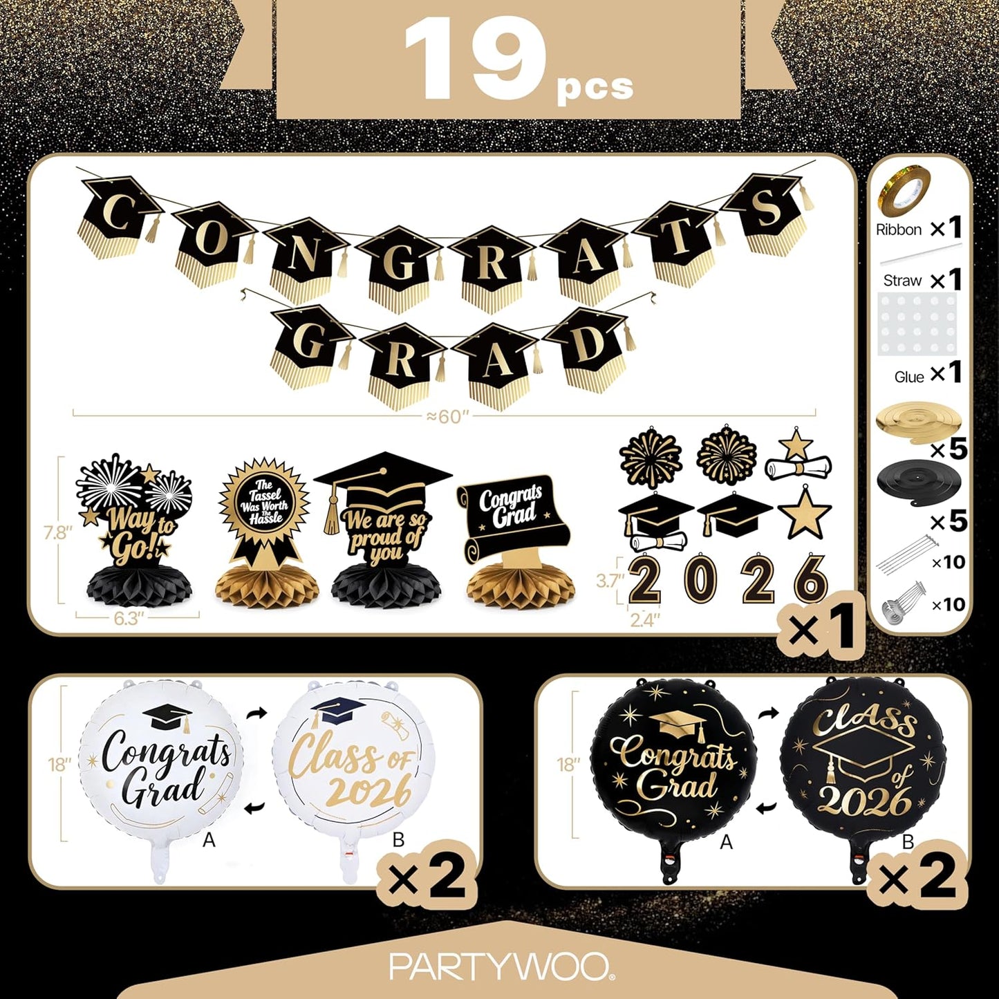 PartyWoo Graduation Decorations - Class of 2026 Black & Gold 19-Piece Set with Banner & Balloons