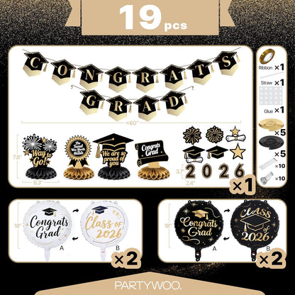 PartyWoo Graduation Decorations - Class of 2026 Black & Gold 19-Piece Set with Banner & Balloons