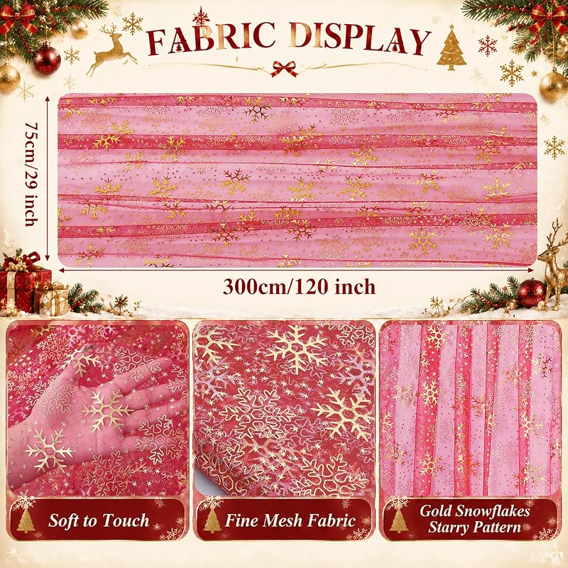 Christmas Snowflakes Table Runner Gauze with Metallic Foil, 29x120 Inches - Xmas Red Gold