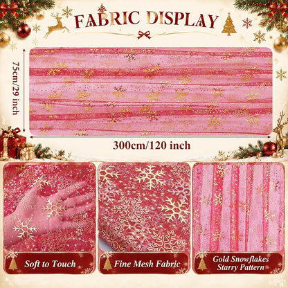 Christmas Snowflakes Table Runner Gauze with Metallic Foil, 29x120 Inches - Xmas Red Gold
