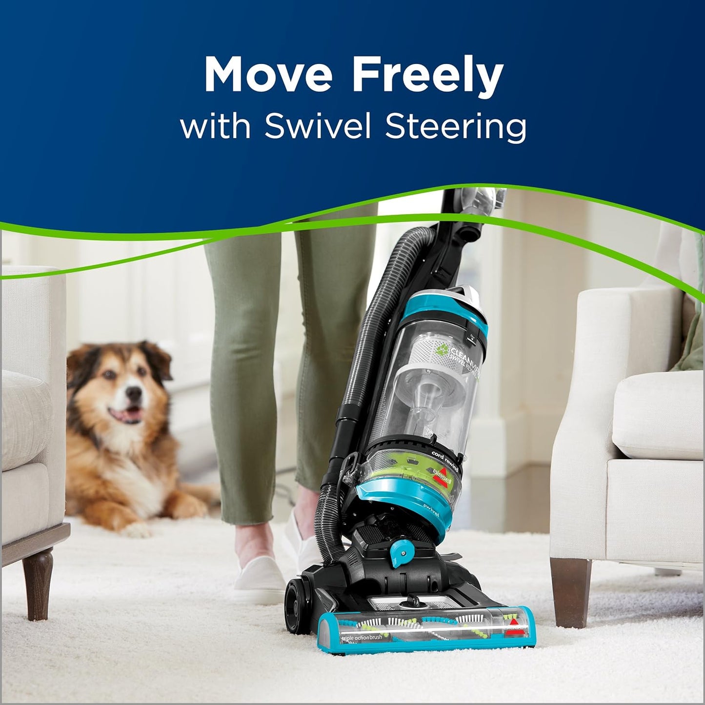 Bissell 2254 CleanView Swivel Rewind Vacuum - Powerful Pet Hair Pickup & Automatic Cord Rewind | Teal