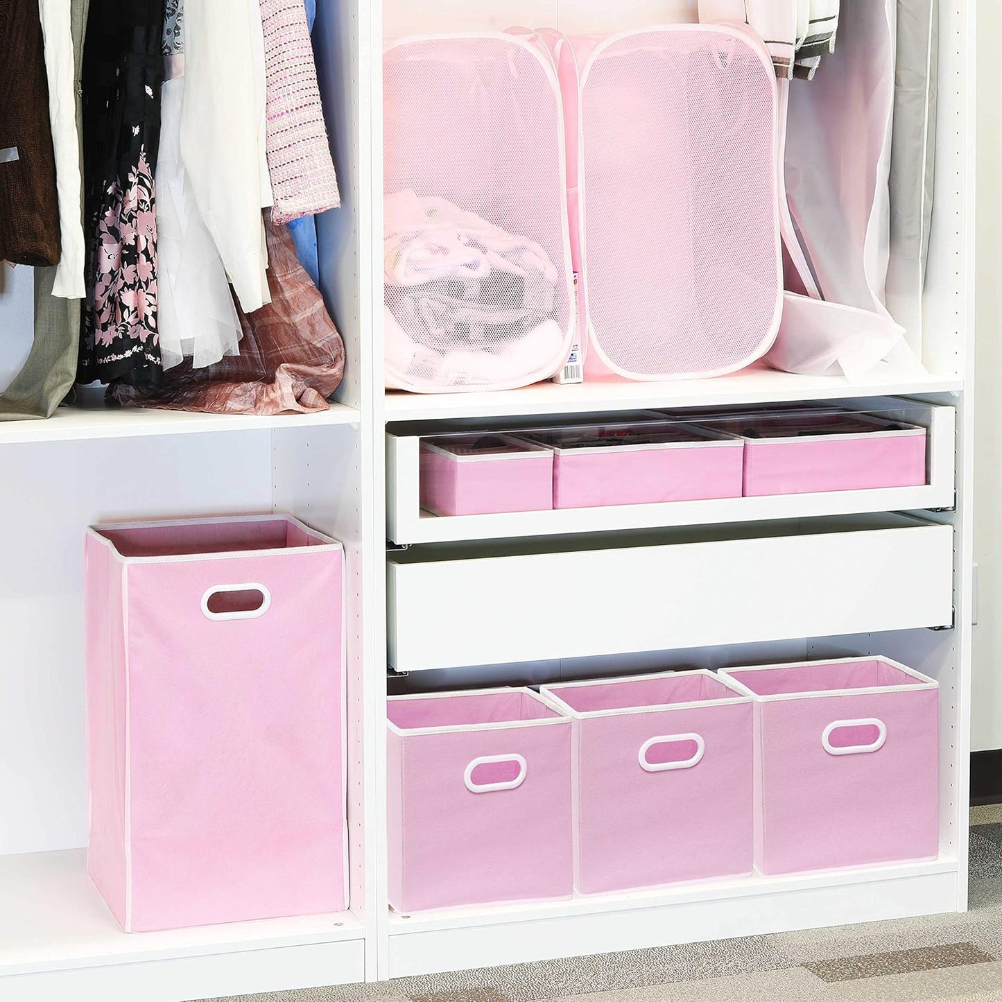 Simple Houseware Foldable Cube Storage Bins - 11-Inch Pink Fabric Organizers with Handles | 6-Pack for Closet & Shelves