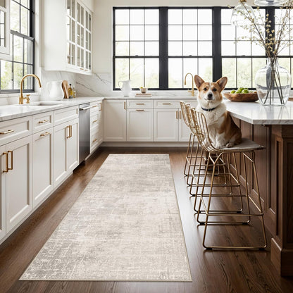 Skiennix 3x7 Washable Hallway Runner Rug - Abstract Stain Resistant Design | Ultra Soft Non-Slip Carpet in Beige/Cream