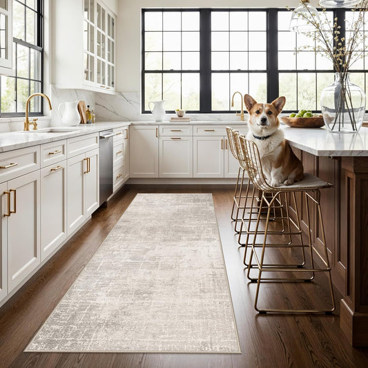 Skiennix 3x7 Washable Hallway Runner Rug - Abstract Stain Resistant Design | Ultra Soft Non-Slip Carpet in Beige/Cream