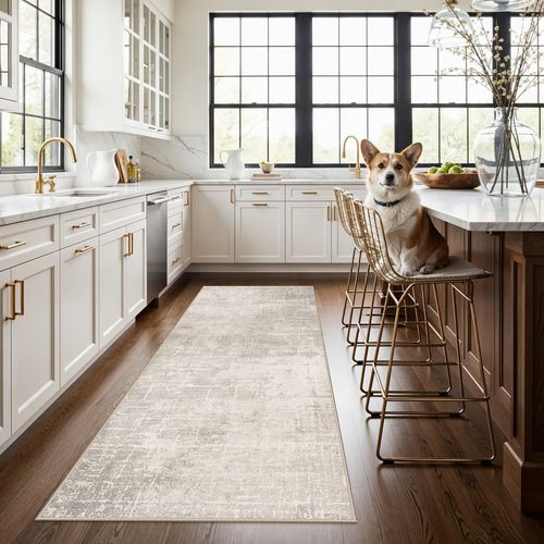 3x7 Washable Hallway Runner Rug: Abstract Stain Resistant Kitchen Rug Farmhouse Ultra Soft Bathroom Bedroom Entryway Printed Floor Mat Thin Non-Slip Carpet for Living Room Laudry(3x7,Beige/Cream)