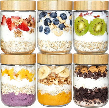 Vtopmart 16oz Glass Overnight Oats Containers - 6 Pack with Bamboo Lids | Leak-Proof & Reusable Storage Jars