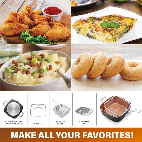 GOTHAM STEEL - 6 Quart XL Nonstick Copper Deep Square All in One 6 Qt Casserole Chef’s Pan & Stock Pot- 4 Piece Set, Includes Frying Basket and Steamer Tray, Dishwasher Safe,Brown