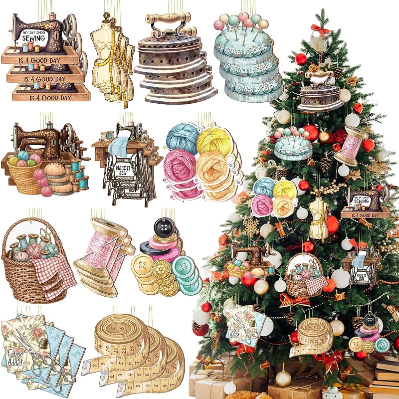 Sewing Theme Christmas Ornaments – 36 Pcs, 12 Styles, Wooden Decor (Variation: Sewing)