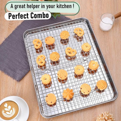 Homikit Baking Sheet Set - 16" x 12" Stainless Steel Cookie Pan with Cooling Rack | Nonstick & Dishwasher Safe