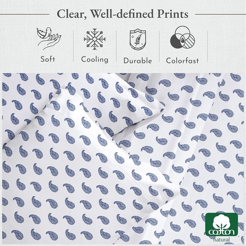 California Design Den Full Size Bed Sheets Set - 400 Thread Count, 100% Cotton, Deep Pocket - Paisley Blue