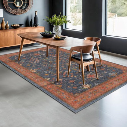 Hazo Haus 6x9 Dining Room Rug - Washable Low Pile Non-Slip Area Rug in Navy Blue & Terracotta