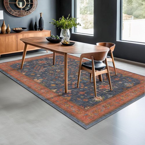 Hazo Haus 6x9 Dining Room Rug - Washable Low Pile Non-Slip Area Rug in Navy Blue & Terracotta