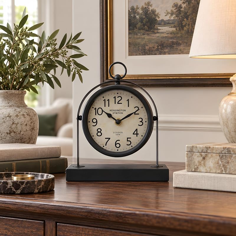 Vintage Black Table Clock with Glass Cover – Silent Mantel Desk Clock