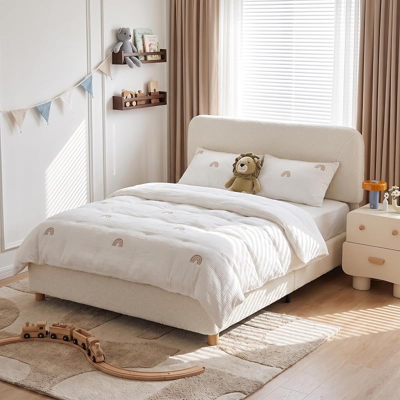 Full Size Upholstered Cloud Bed Frame with Boucle Cream, Height-Adjustable Headboard
