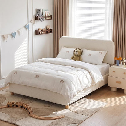 Full Size Upholstered Cloud Bed Frame with Boucle Cream, Height-Adjustable Headboard