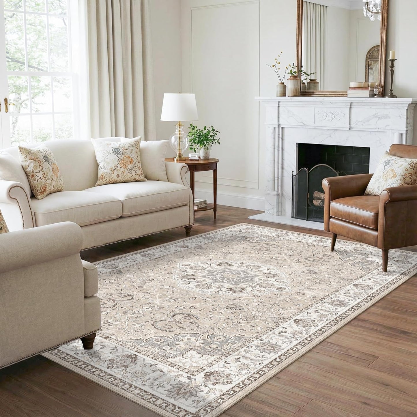 Skiennix Washable 5x8 Area Rug - Vintage Water-Resistant Soft Carpet for Living Room & Bedroom | Beige