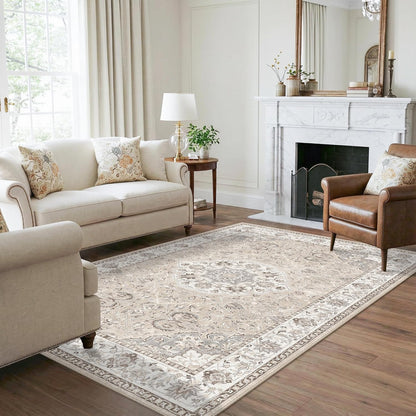 Skiennix Washable 5x8 Area Rug - Vintage Water-Resistant Soft Carpet for Living Room & Bedroom | Beige