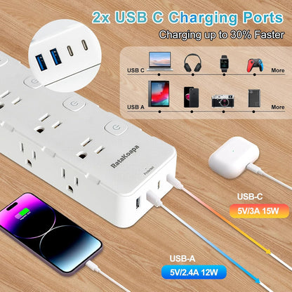Skiennix 10 Ft Surge Protector Power Strip - 8 AC Outlets & 4 USB Ports | Flat Plug with Individual Switches for Home & Office