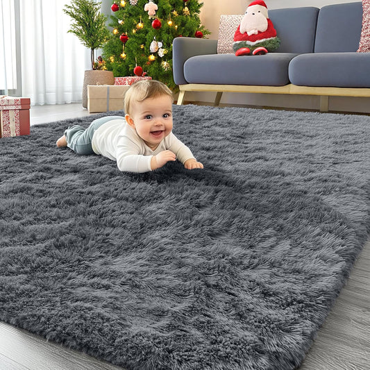 OLANLY Area Rug - Soft Fluffy Shaggy Design | Machine Washable 4x5.9 ft for Living Room & Bedroom - Grey