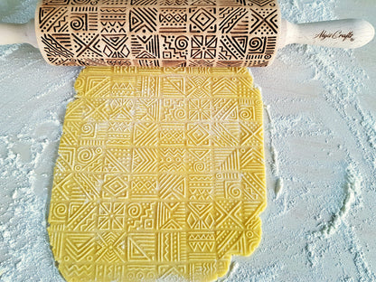 AFRICA Embossing Rolling Pin Dogh Roller with Tribal Pattern for Embossed Cookies and Pottery by Algis Crafts