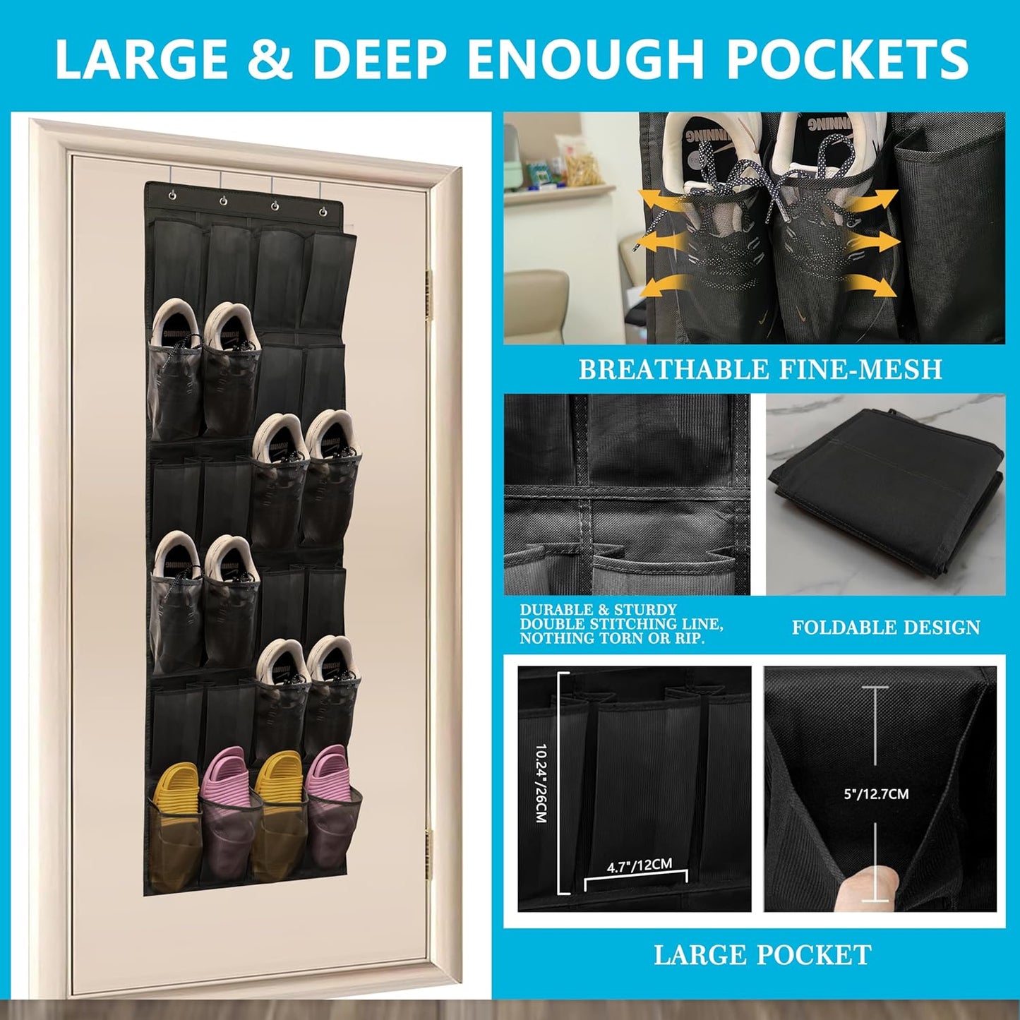 SimpleHouseware Over The Door Shoe Organizer - 24 Large Breathable Mesh Pockets | Sturdy Hanging Storage (Black)