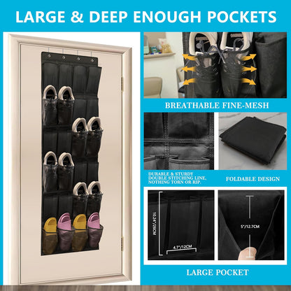SimpleHouseware Over The Door Shoe Organizer - 24 Large Breathable Mesh Pockets | Sturdy Hanging Storage (Black)