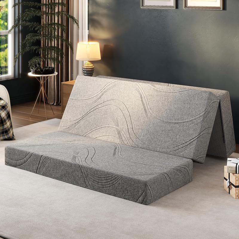 Foldable Queen Memory Foam Mattress Topper 6 Inch – Trifold Portable Guest Bed