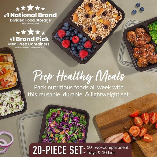 Bentgo Prep - 20-Piece Reusable Meal Prep Containers | 2-Compartment, BPA-Free, Microwave & Dishwasher Safe (Burgundy)