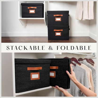 Large Fabric Storage Boxes by [Brand Name] - Decorative Bins with Lids & Faux Leather Handles | 3 Pack, Black (15.75" x 11.25" x 11.25")