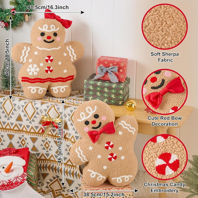 Lanpn 2-Pack Christmas Gingerbread Man Throw Pillows - Boy & Girl, 18.3'' x 15.2'' & 18.5'' x 16.3'', Soft Fleece Sherpa Xmas Decor