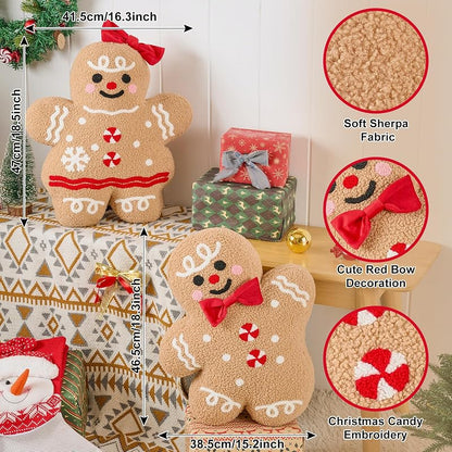 Lanpn 2-Pack Christmas Gingerbread Man Throw Pillows - Boy & Girl, 18.3'' x 15.2'' & 18.5'' x 16.3'', Soft Fleece Sherpa Xmas Decor