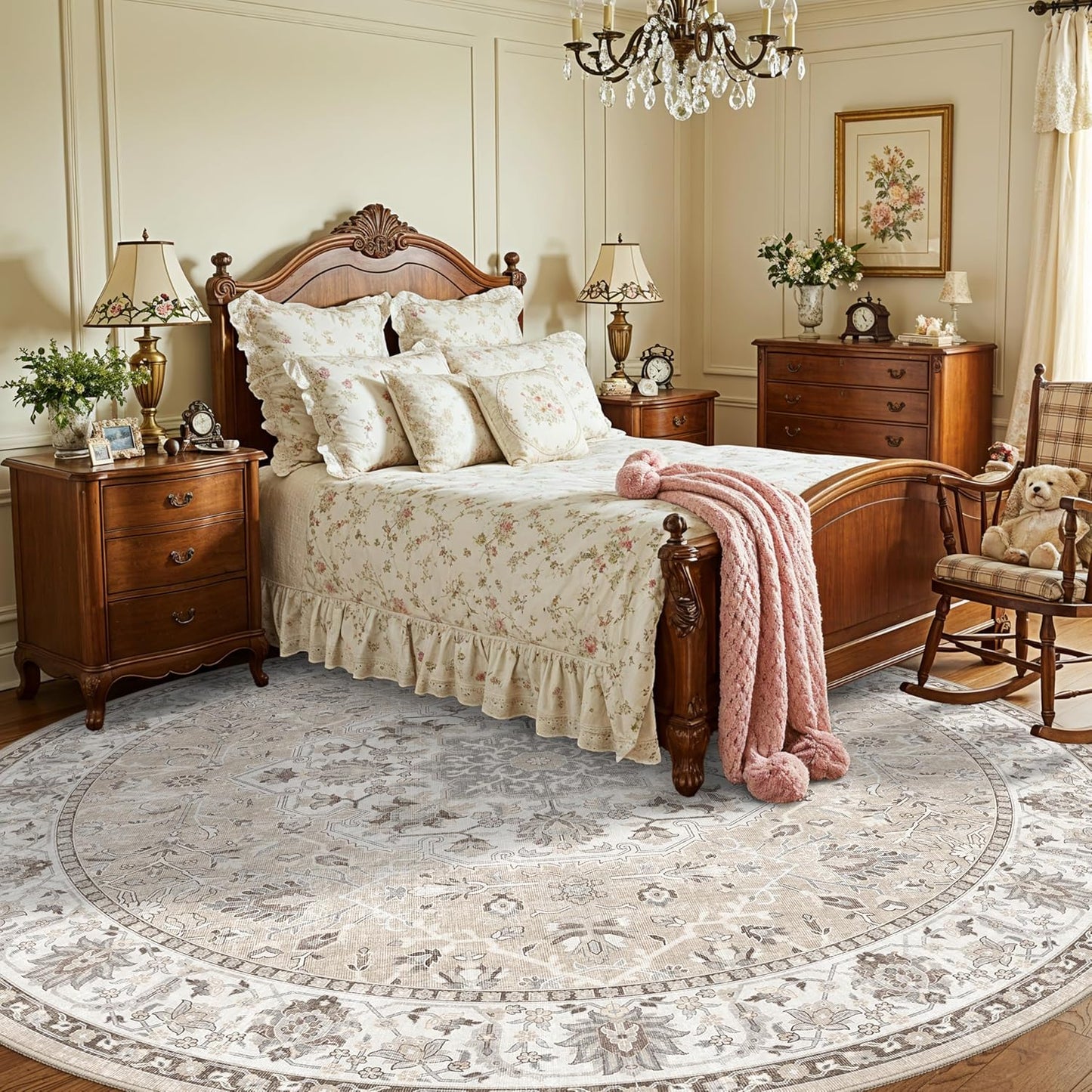 Skiennix Washable 6ft Circle Round Rug - Soft Stain-Resistant Low-Pile Carpet for Living Room, Bedroom & Nursery | Beige