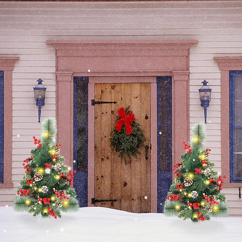 2 Pack Pre-Lit 2ft Pathway Christmas Trees with Stake - Battery Operated, 60 LED