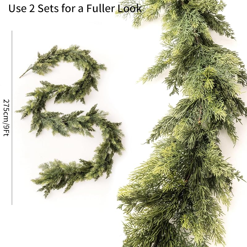 9ft Cedar Garland - Pine Needles Artificial Wreath, 130+ Branches, Indoor/Outdoor
