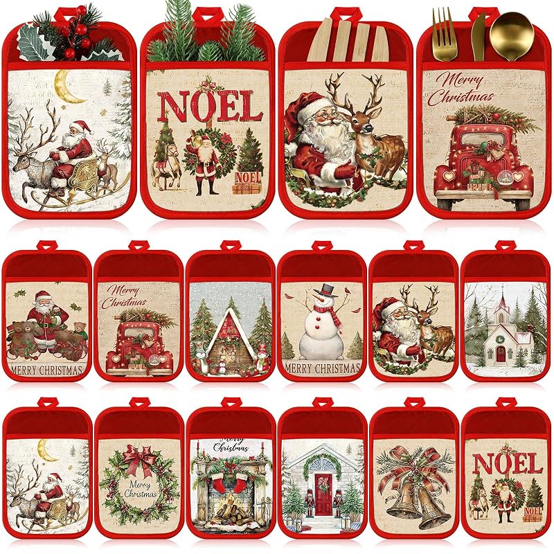 Jingmore 12 Pcs Christmas Pot Holders with Pocket – Red White Retro Style