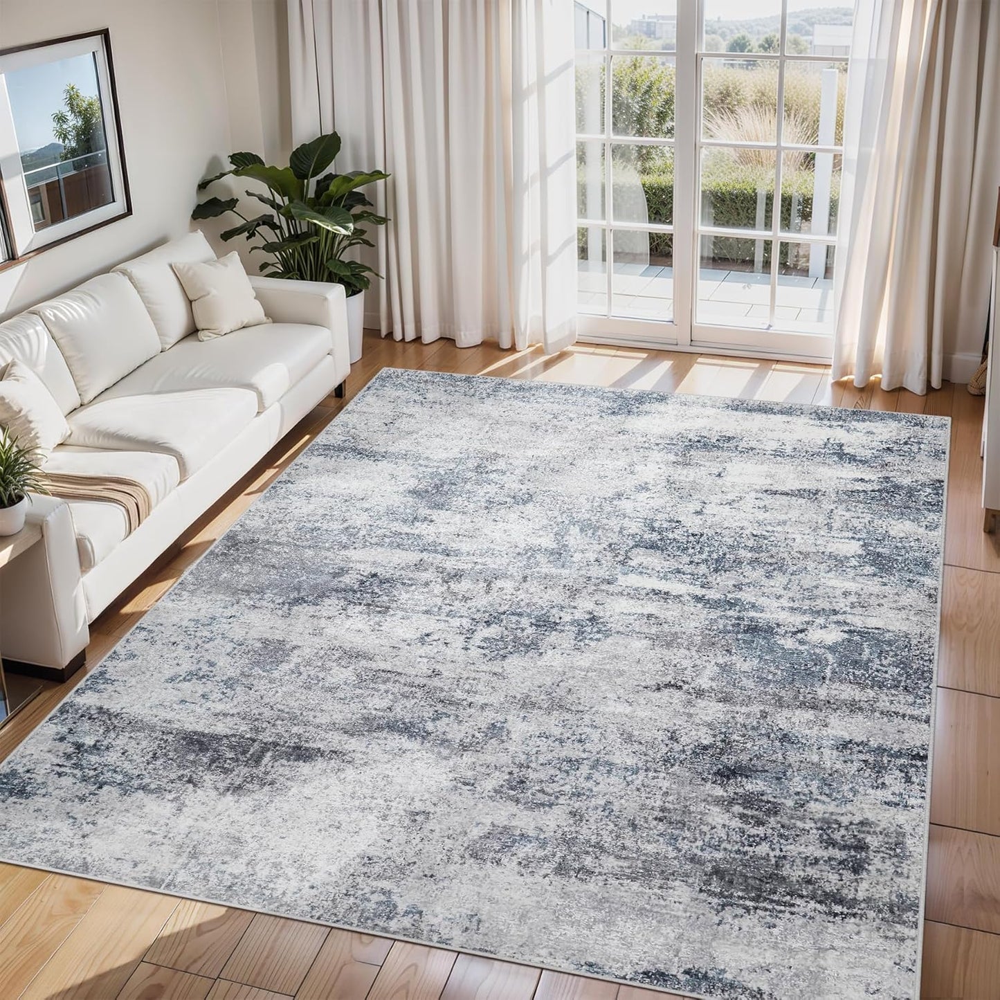 Skiennix 6x9 Area Rug - Washable Abstract Design for Living Room, Dining Room, or Bedroom - Non-Slip Blue Grey