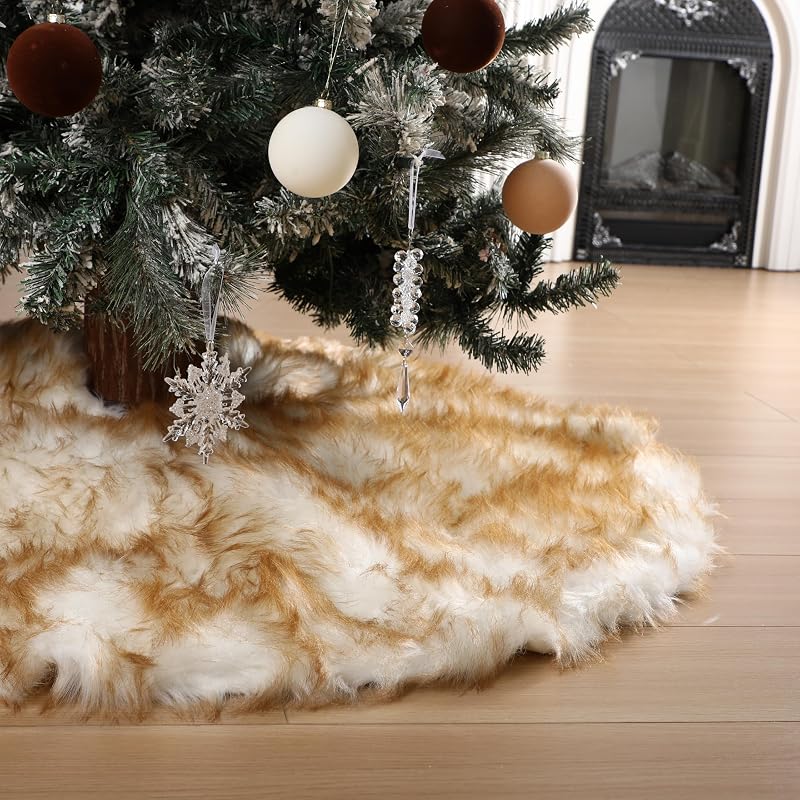 Halloscume 48-Inch Faux Fur Christmas Tree Skirt - Thick, White with Yellow Tip - Variation of THIS listing