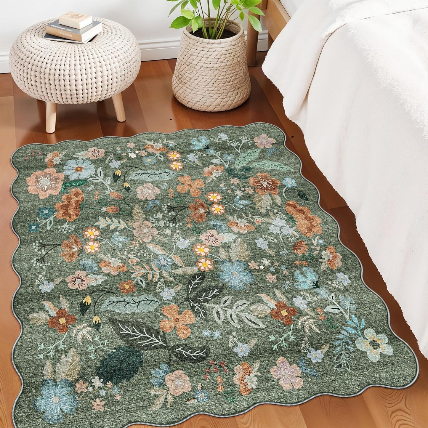 Skiennix Floral Square Area Rug - Washable 5x5 Soft Water-Resistant Carpet for Living Room & Bedroom