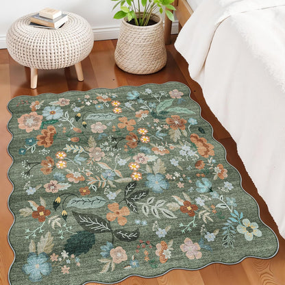 Skiennix Floral Square Area Rug - Washable 5x5 Soft Water-Resistant Carpet for Living Room & Bedroom