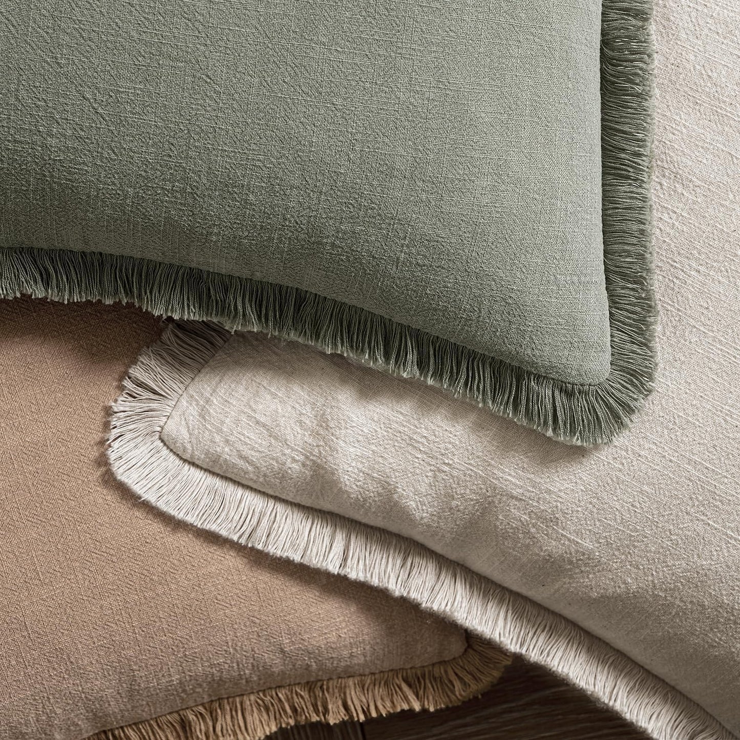 MIULEE Decorative Throw Pillow Covers - Set of 2 Neutral Beige Linen Fringe Cushions | 20x20 Inch Boho Farmhouse Decor