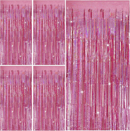 Skiennix Tinsel Curtain | Pink Glitter Foil Fringe Backdrop | 5-Pack Party Decor for Events