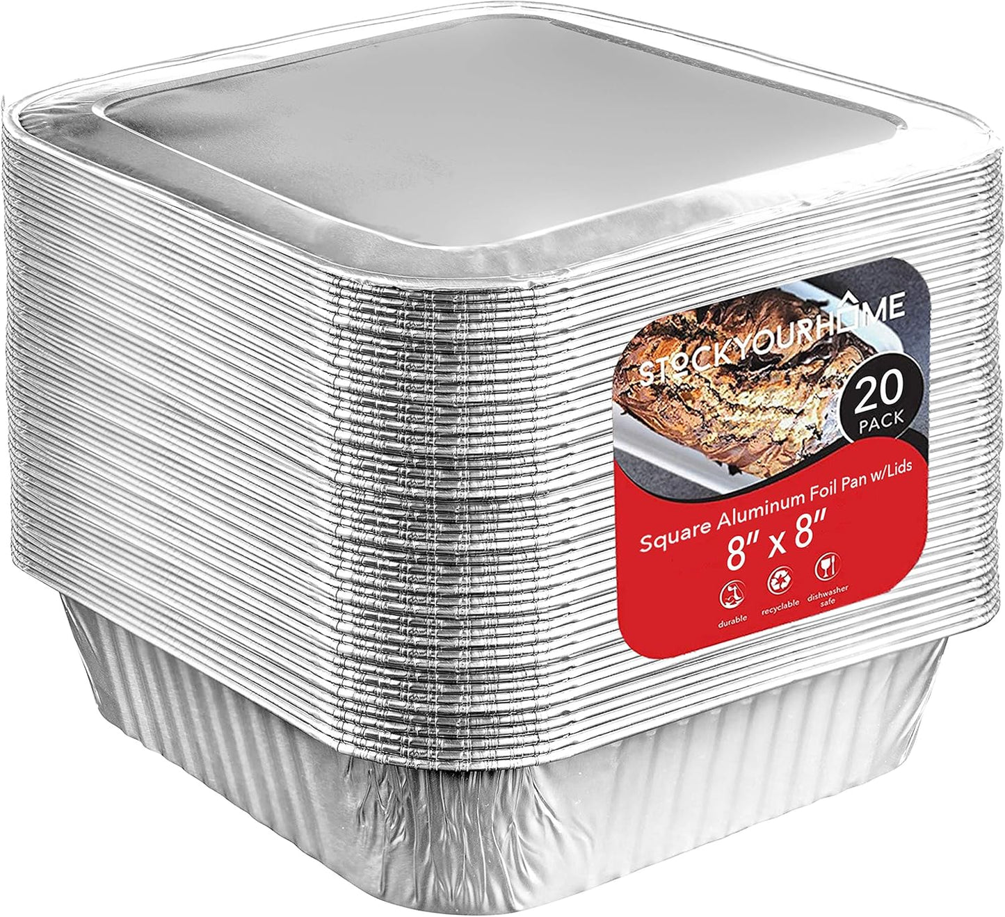 Stock Your Home 8x8 Foil Pans with Lids - 20 Pack Aluminum Disposable Baking & Cooking Containers