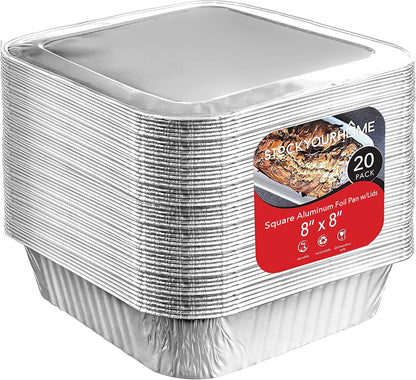 Stock Your Home 8x8 Foil Pans with Lids - 20 Pack Aluminum Disposable Baking & Cooking Containers